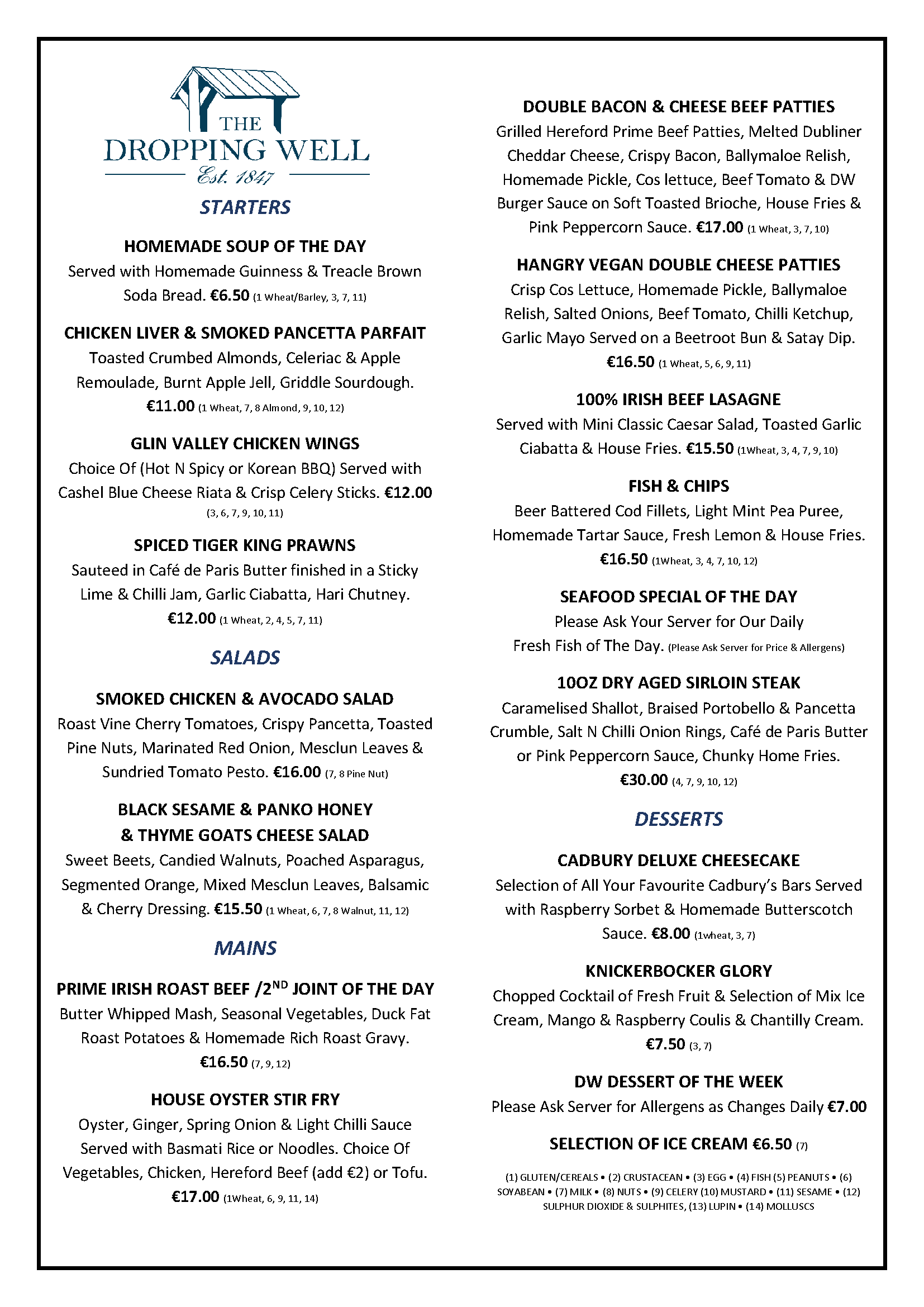 Dropping Well Sunday Lunch Menu (1)