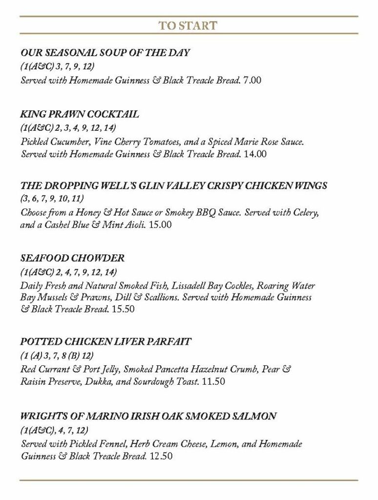 Dropping Well Lunch Menu